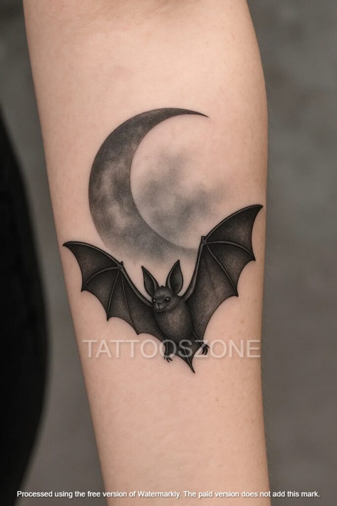 Bat and moon tattoo on forearm