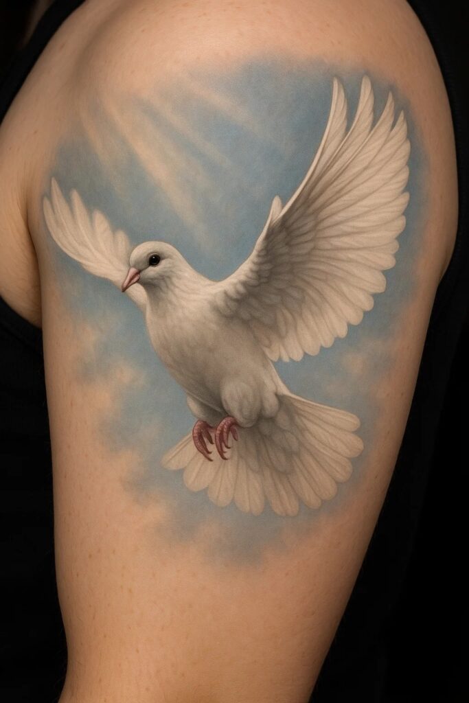 Beautiful white dove in mid-flight tattoo design