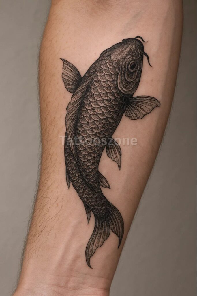 Black Ink Dotwork Koi tattoo design