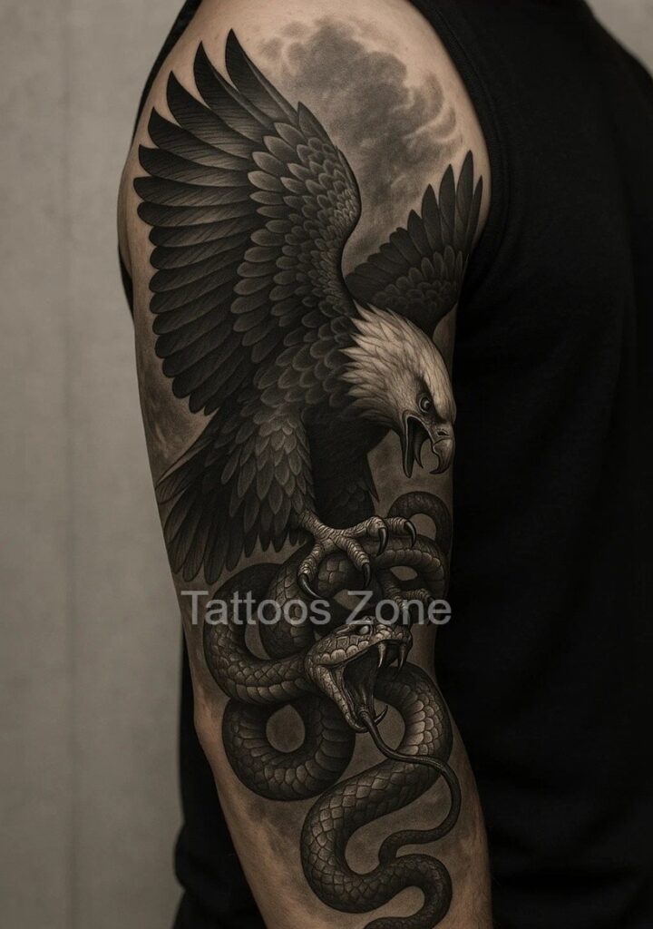 Black and grey eagle tattoo on full sleeve