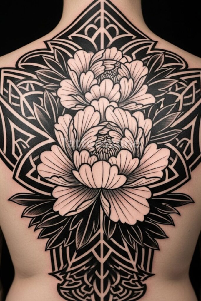 Blackwork Peony on the Back