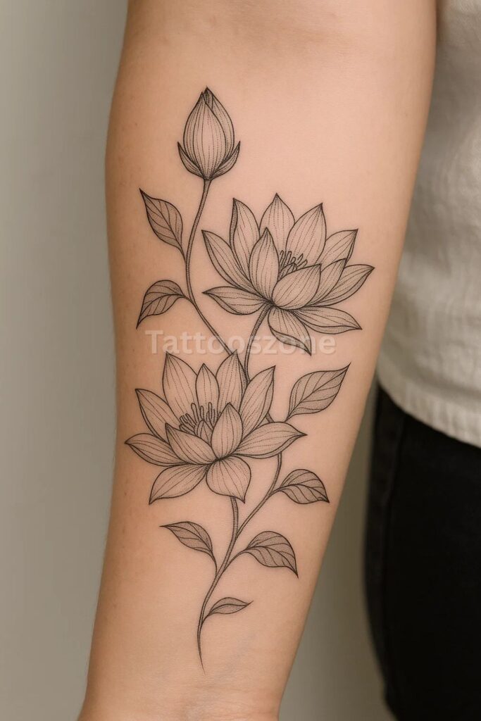 Bloom and Bud lotus tattoo