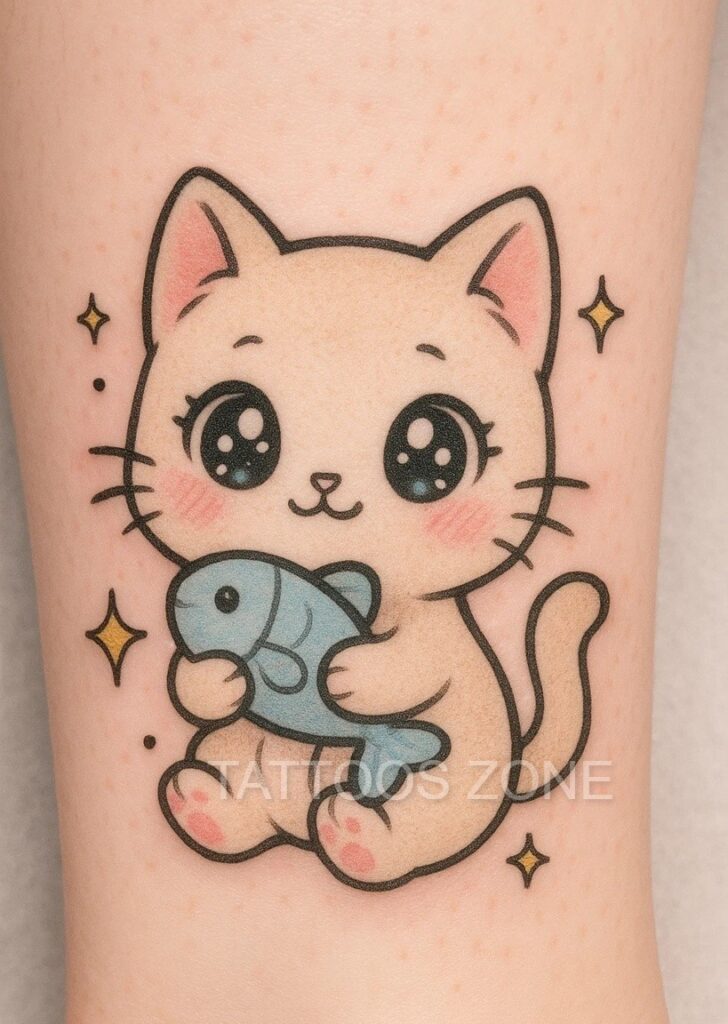 Cartoon cat tattoo on leg
