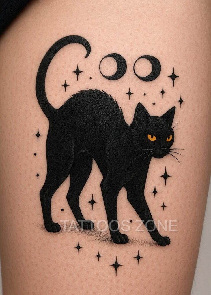 Cat tattoo with orange eyes on thigh