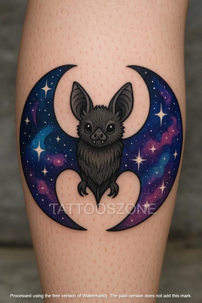 Celestial bat tattoo on calf