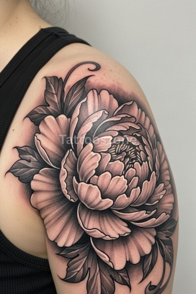 Classic Peony Shoulder Bloom Tattoo