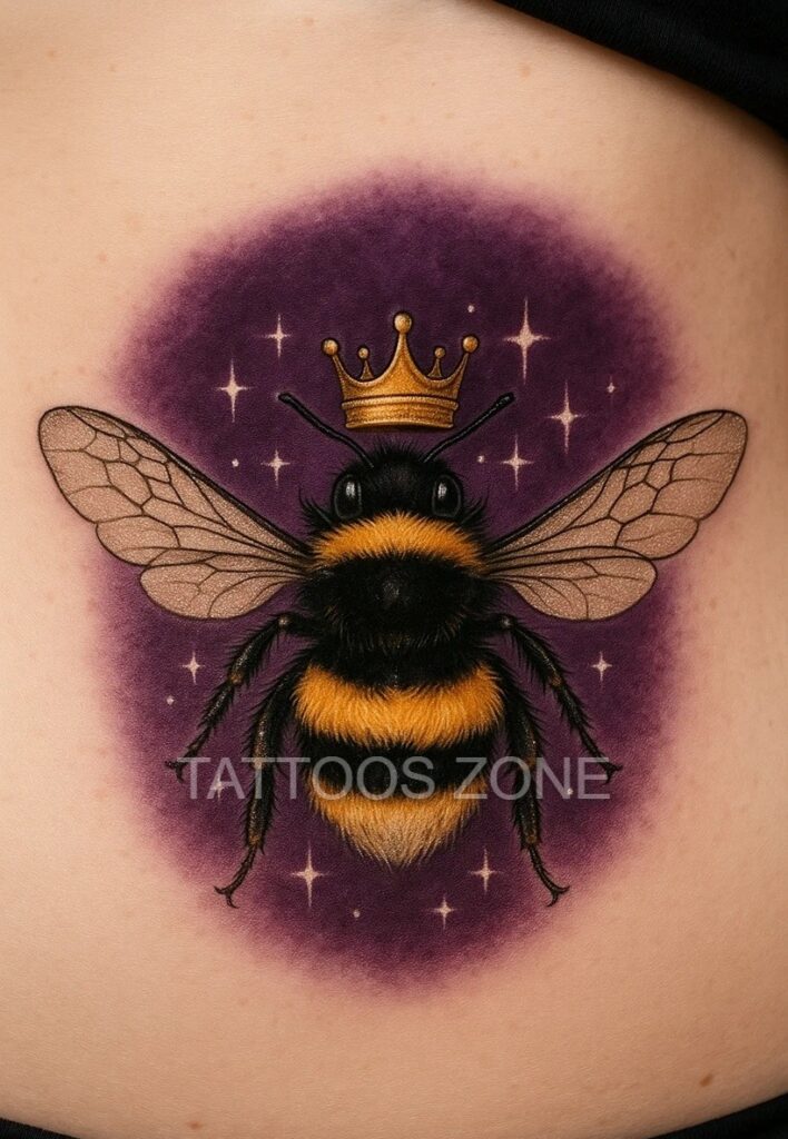 Colorful bumblebee tattoo with crown