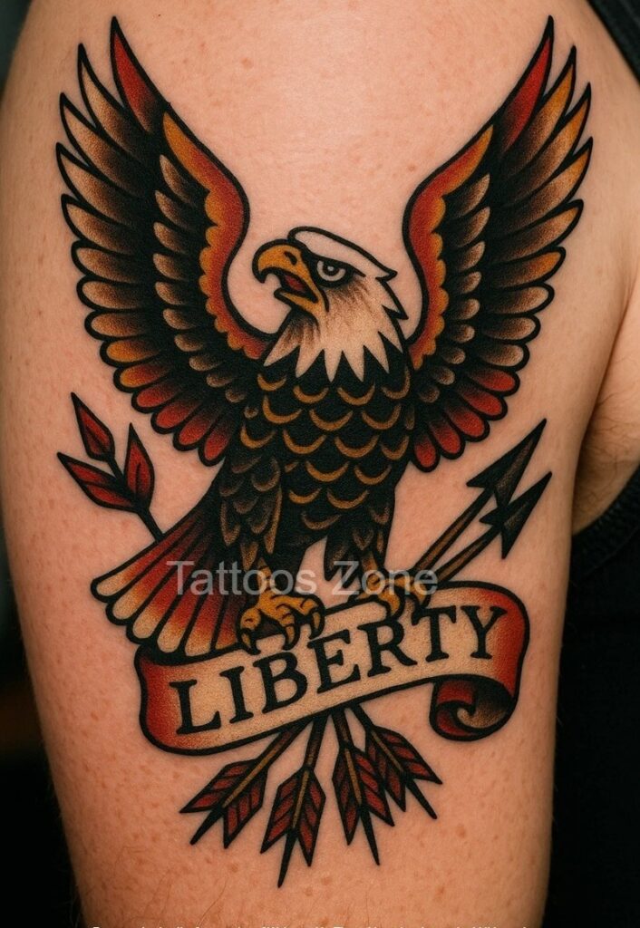 Colorful eagle tattoo with text