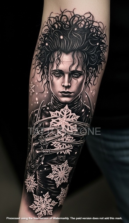 Edward Scissorhands tattoo with snowflakes full sleeve