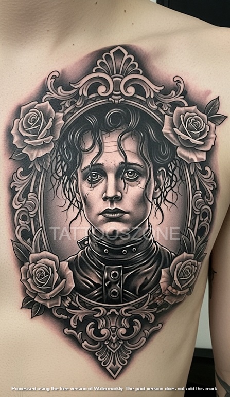 Edward face framed tattoo on chest
