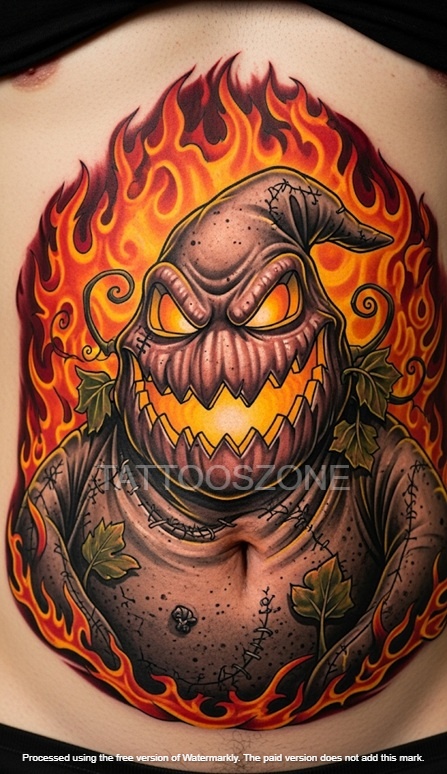 Fiery oogie tattoo on stomach