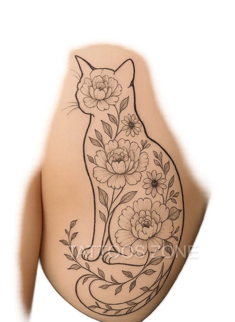Floral cat tattoo on shoulder