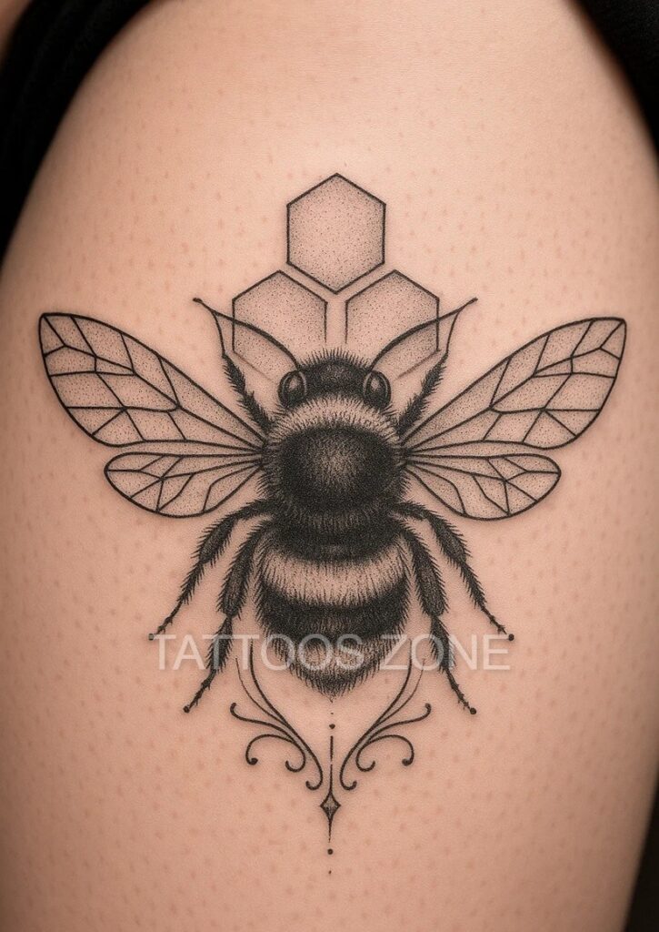 Geometric bumblebee tattoo on thigh