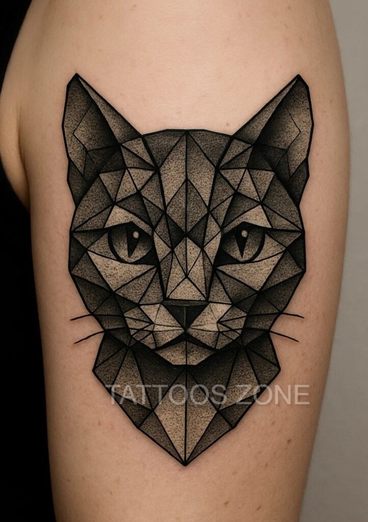 Geometric cat tattoo on upper arm