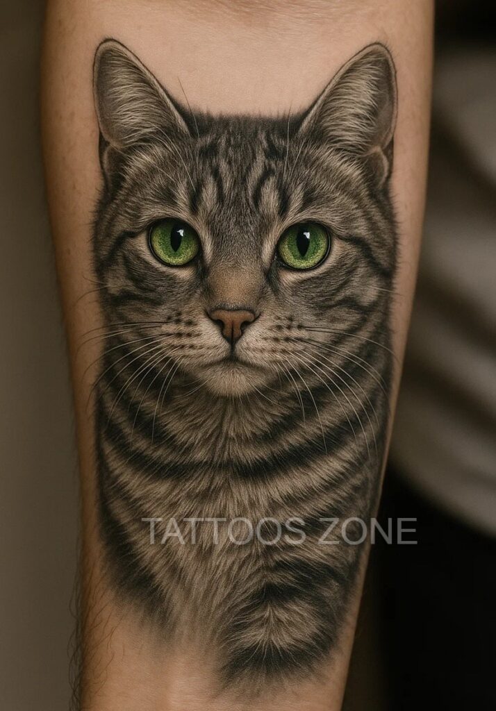Gray cat tattoo on forearm