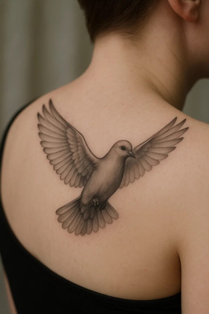 Inspiring black and grey dove tattoo design