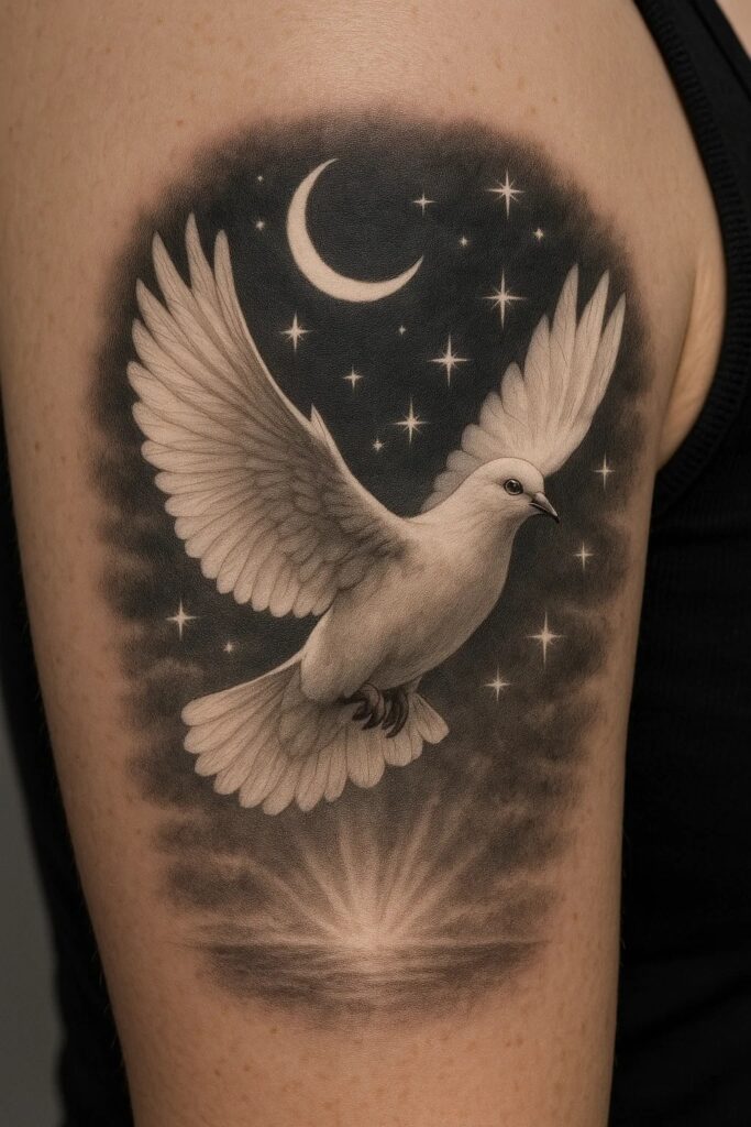 Inspiring galaxy theme dove tattoo