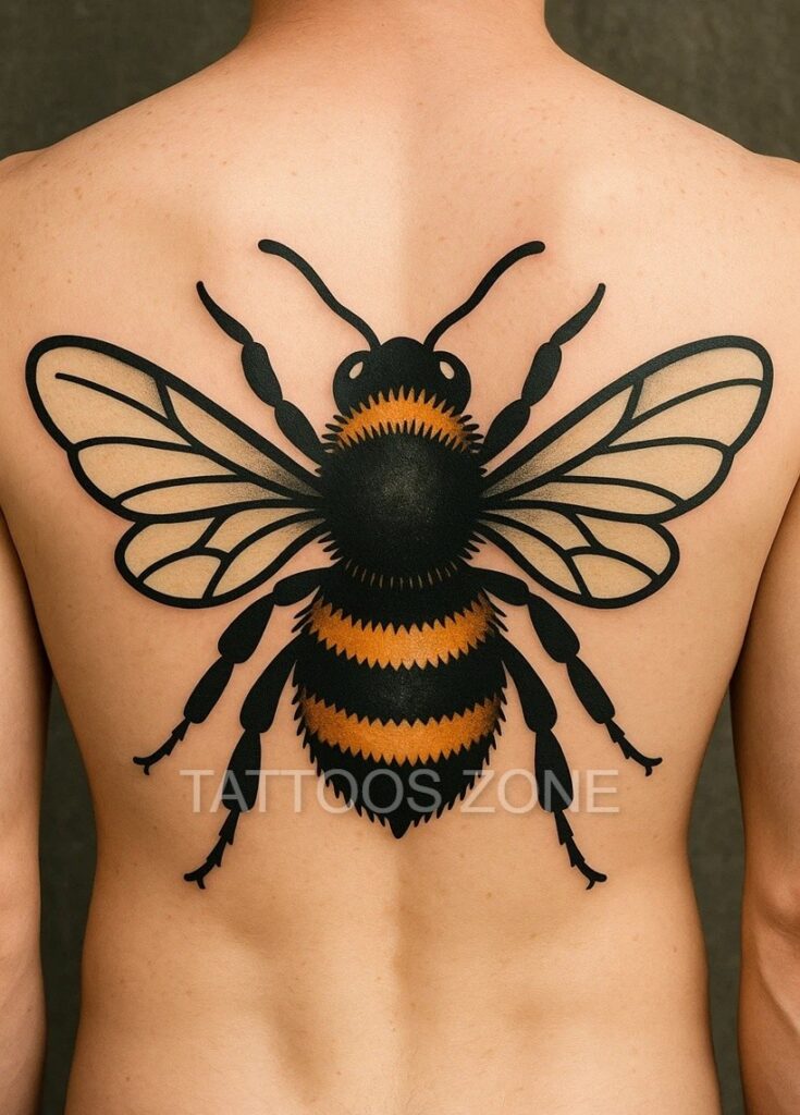 Large bumblebee tattoo on back