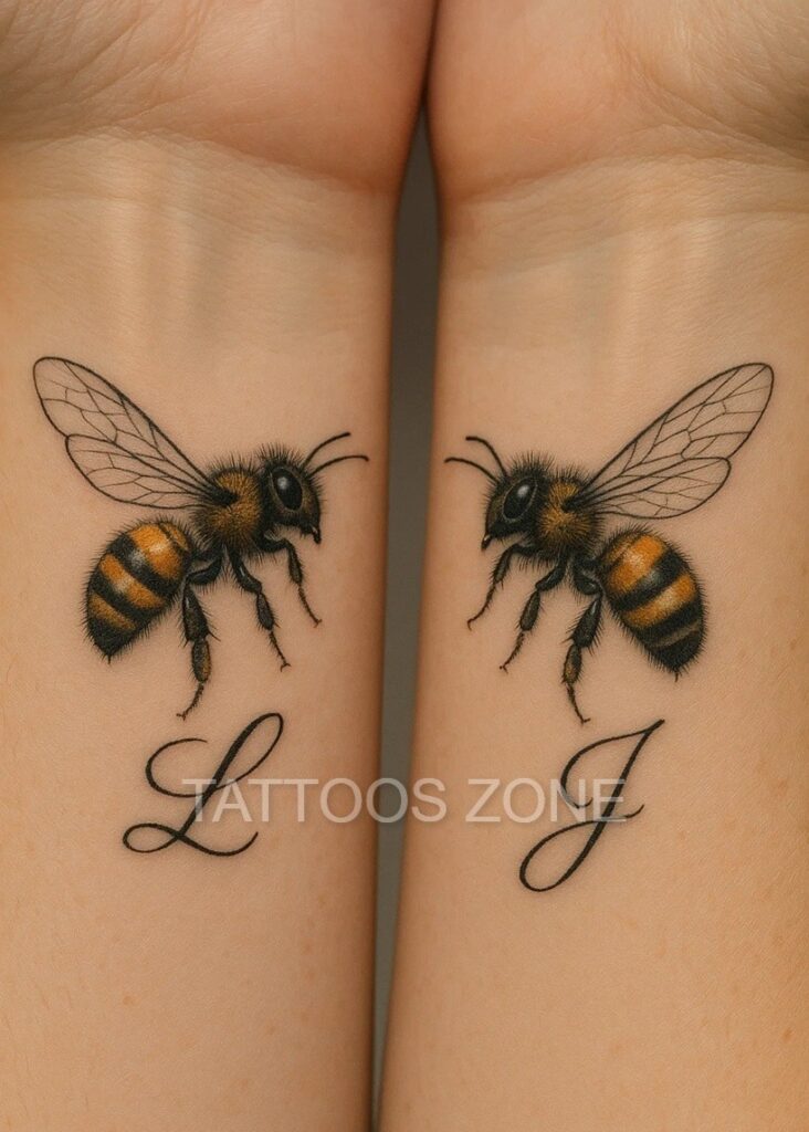 Matching bumblebee tattoos on arm