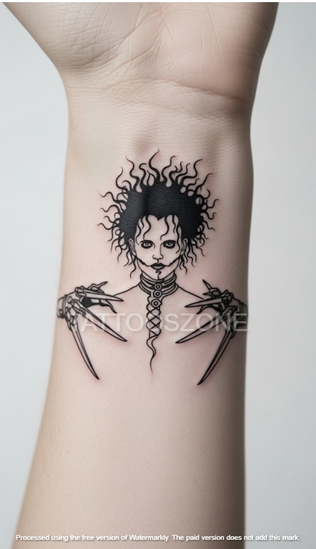 Minimal Edward Scissorhands tattoo on inner wrist