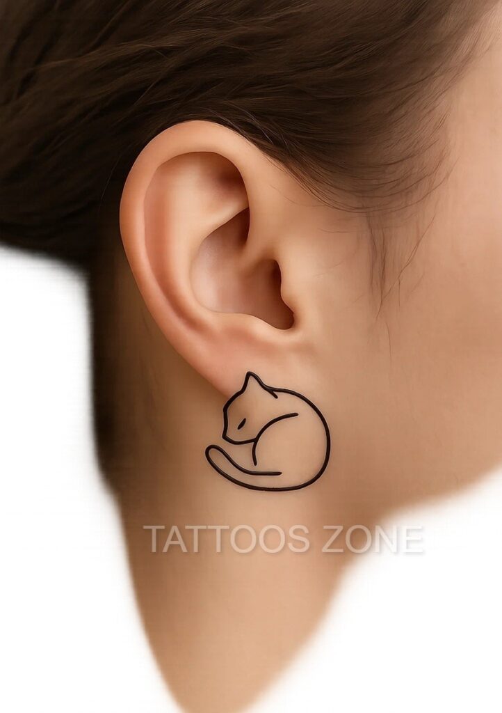 Minimal cat tattoo behind ear