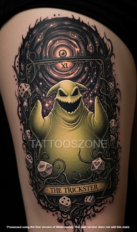 Oogie boogie tattoo tarot shaped on thigh
