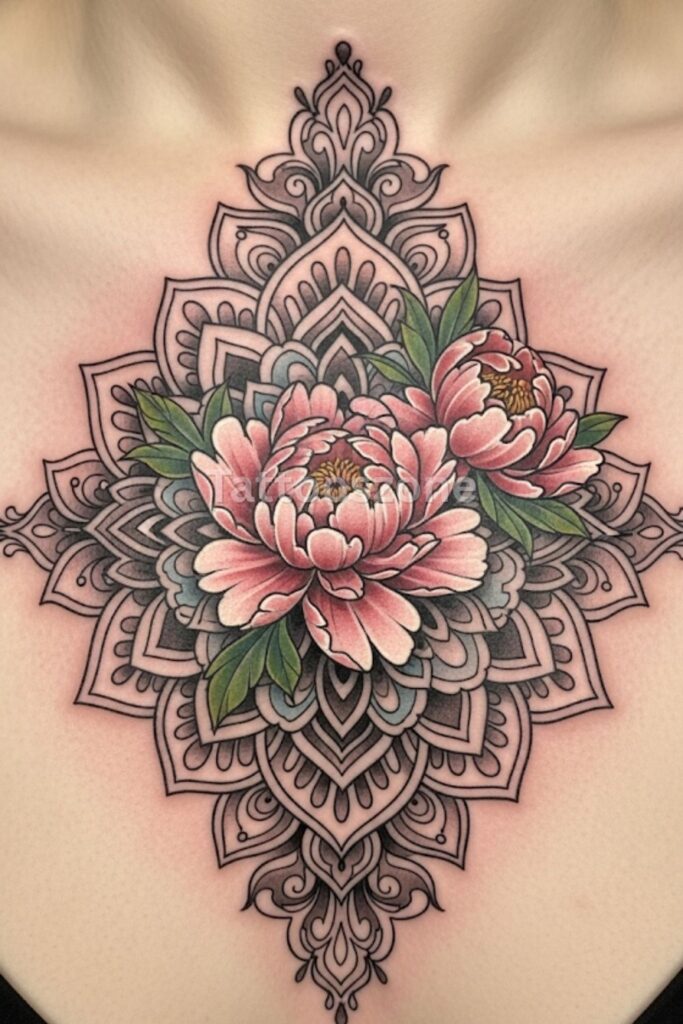 Ornamental Peony With Mandala Accents tattoo design