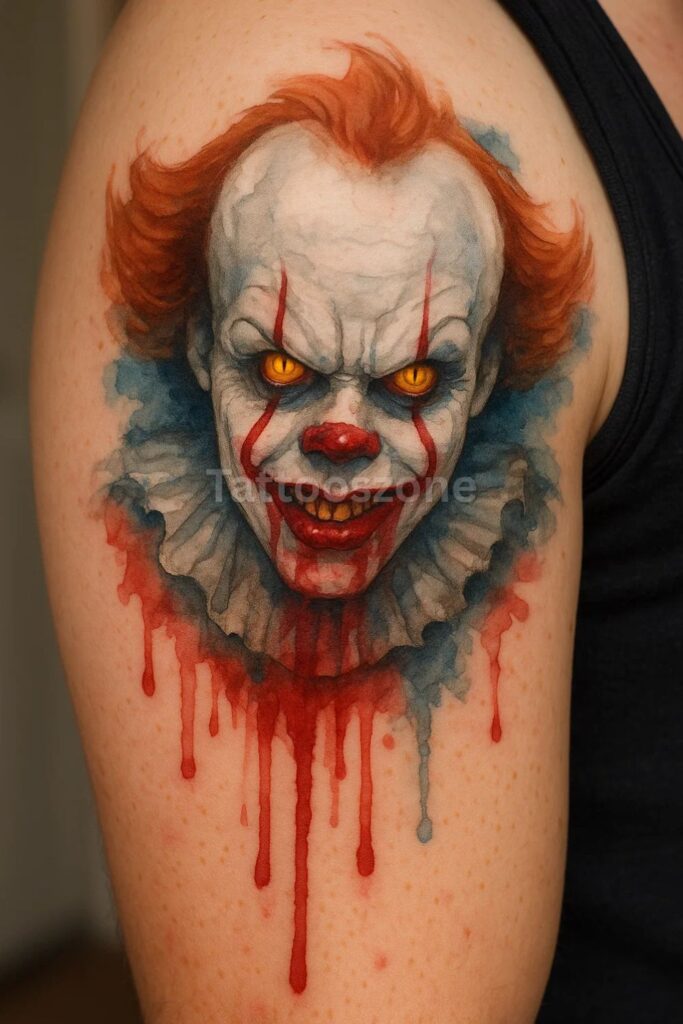 Pennywise in Watercolor Chaos tattoo