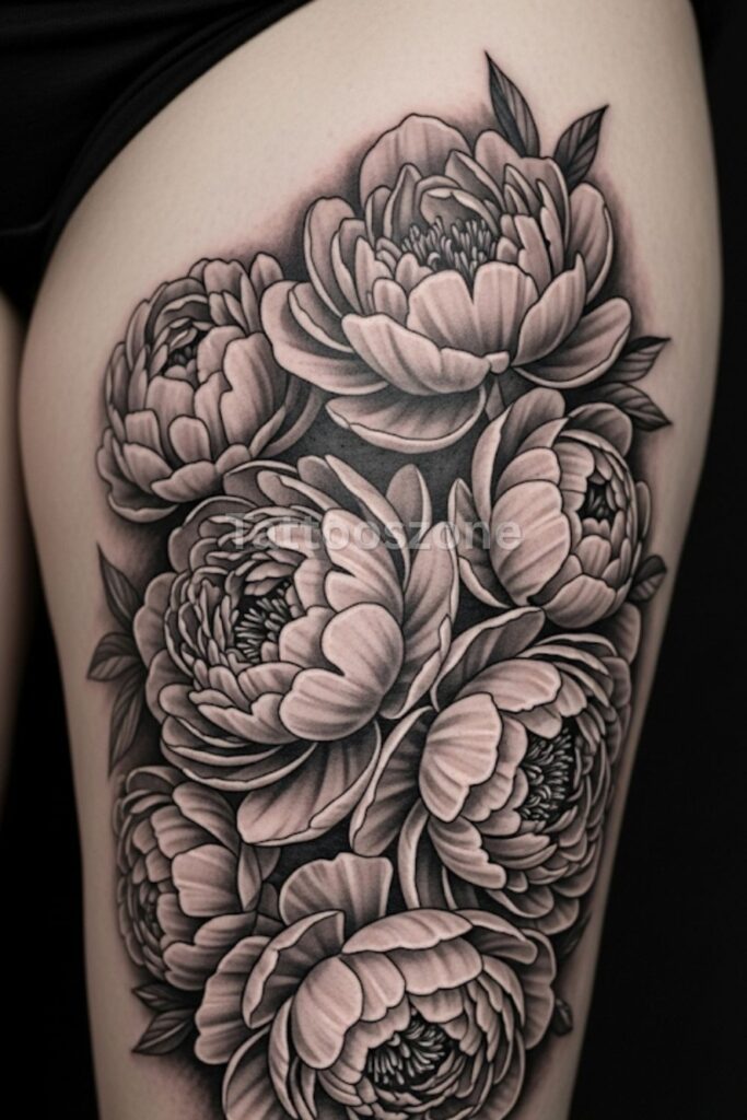 Peony Cluster tattoo on the Thigh
