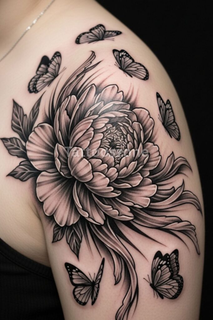 Peony Paired with Butterflies tattoo design
