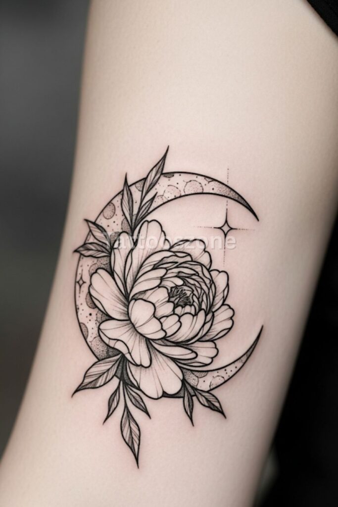 Peony and Crescent Moon Combination tattoo