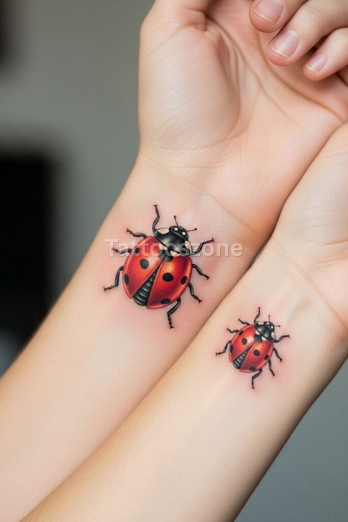 Two matching ladybug tattoos