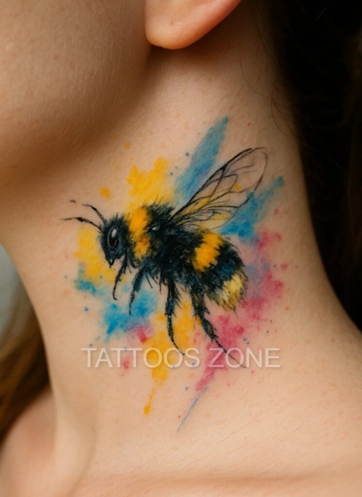 Watercolor colorful bumblebee tattoo on neck