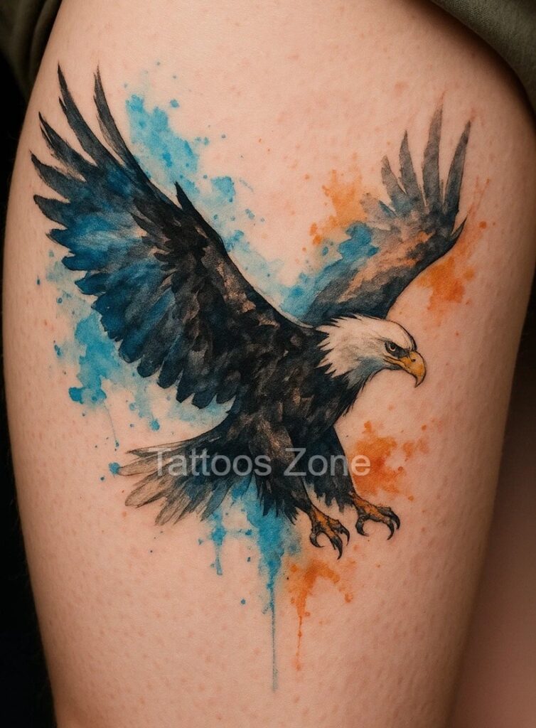 Watercolor eagle tattoo on thigh