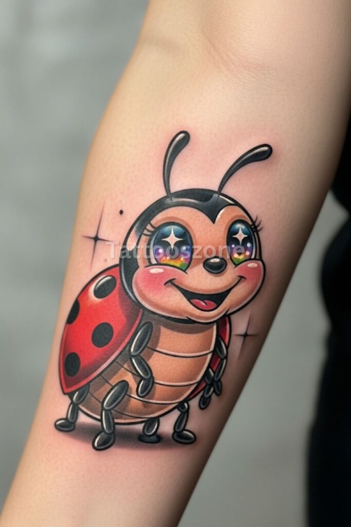 cartoon-style ladybug tattoo