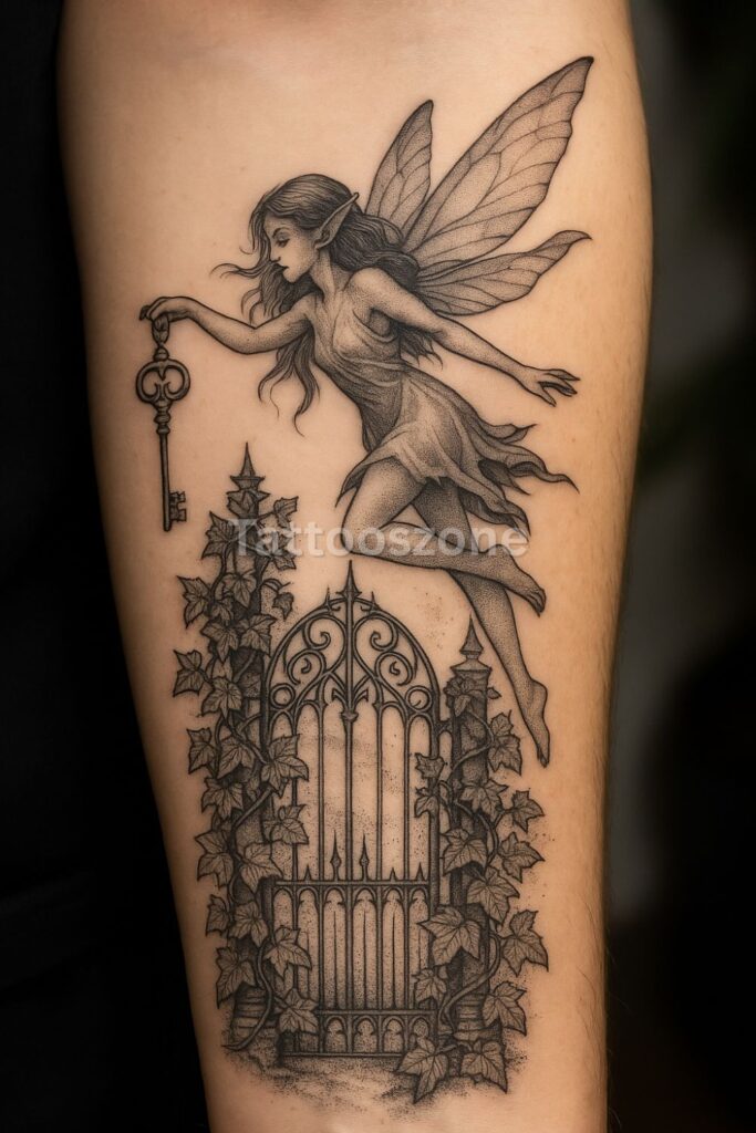Antique Key and Faerie Gate tattoo