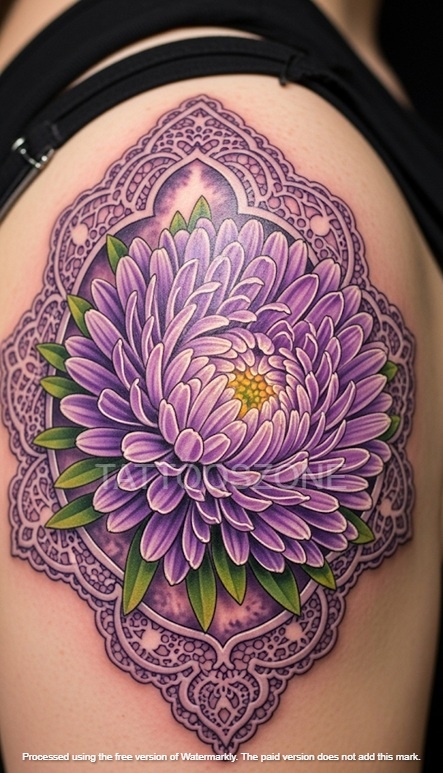 Aster purple tattoo on upper shoulder