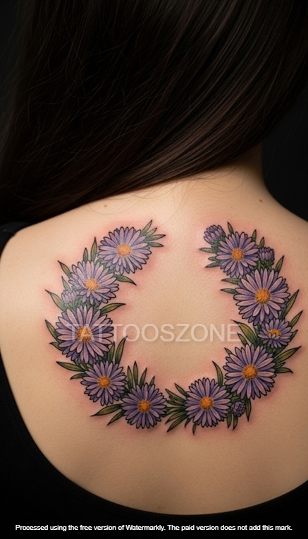 Aster wreath tattoo on upper back