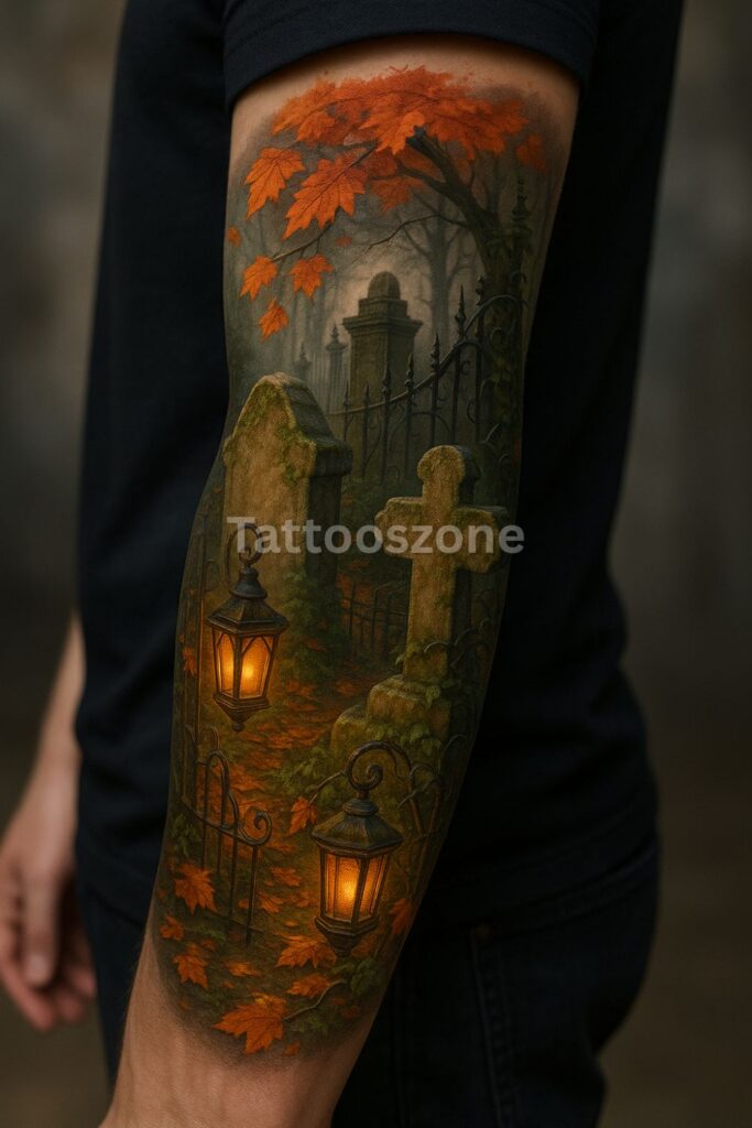 Autumn Graveyard With Lanterns