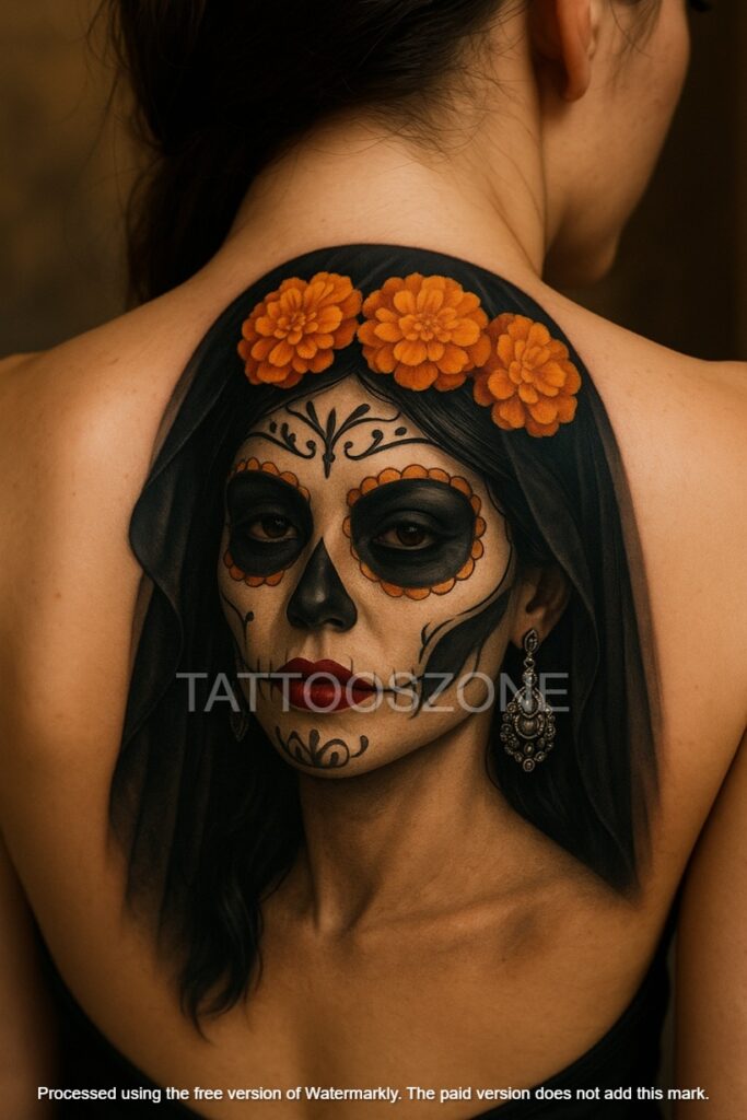 Catrina portrait tattoo on upper back