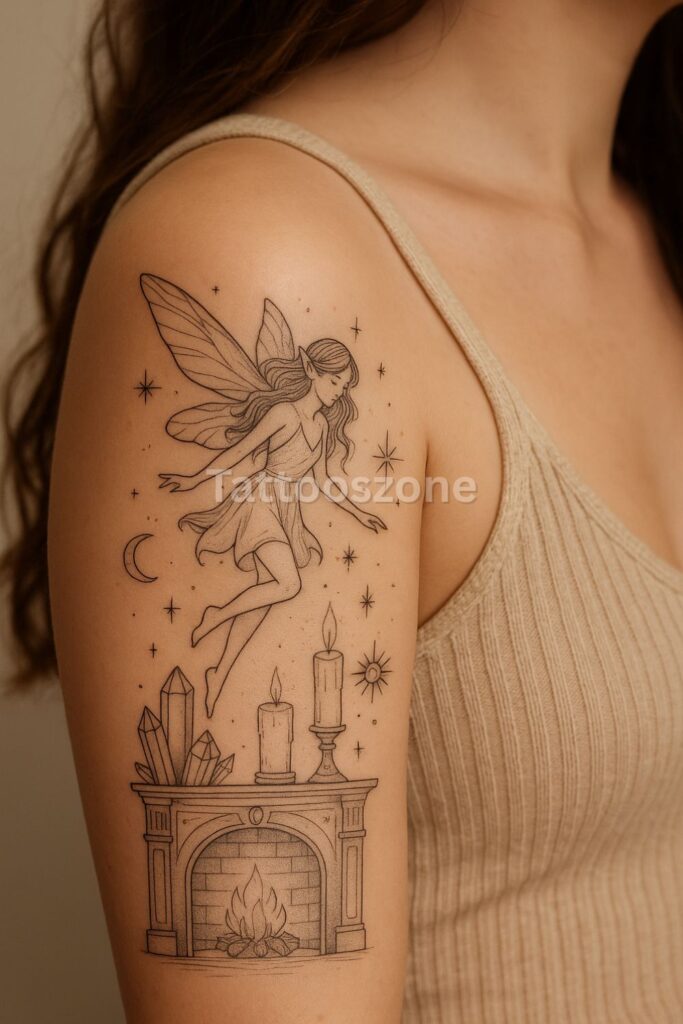 Celestial Faerie Over a Decorated Hearth tattoo