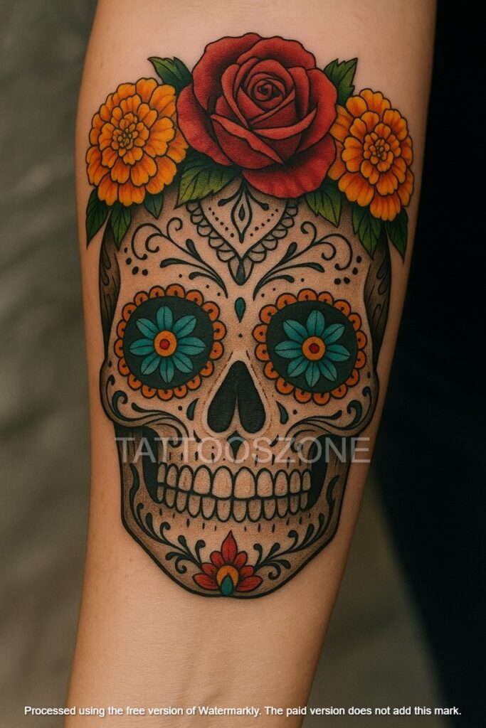 Dia de los Muertos skull on forearm