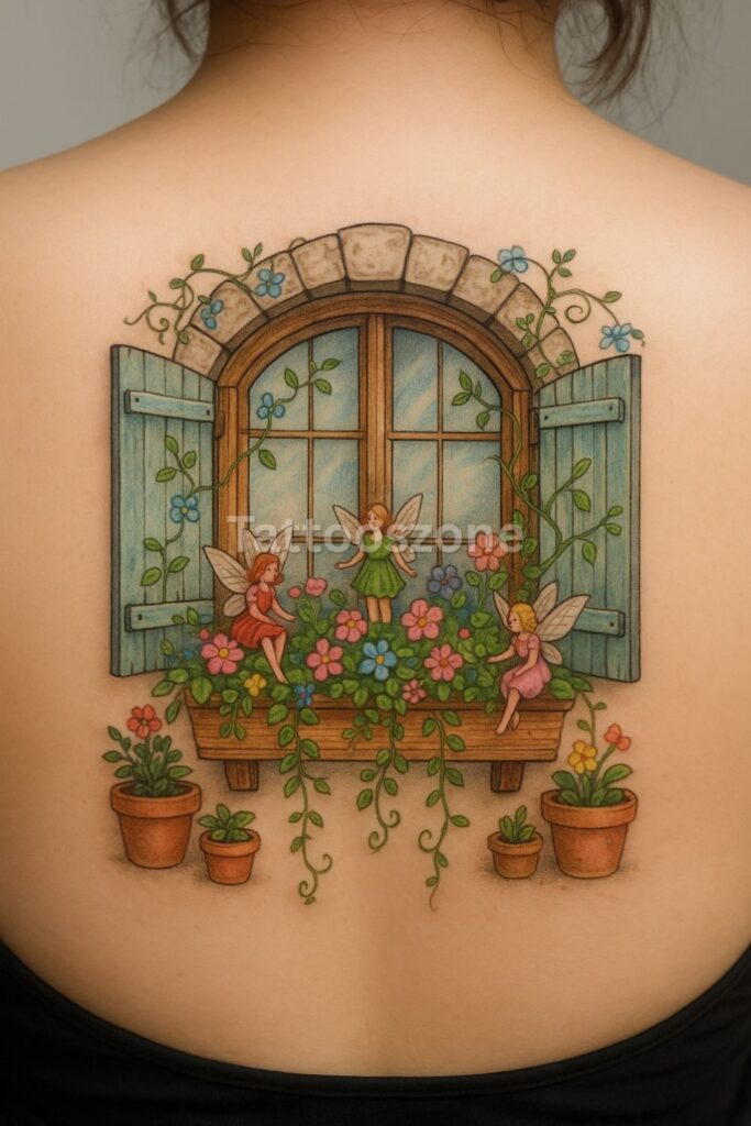 Faerie Garden in a Window Box tattoo design