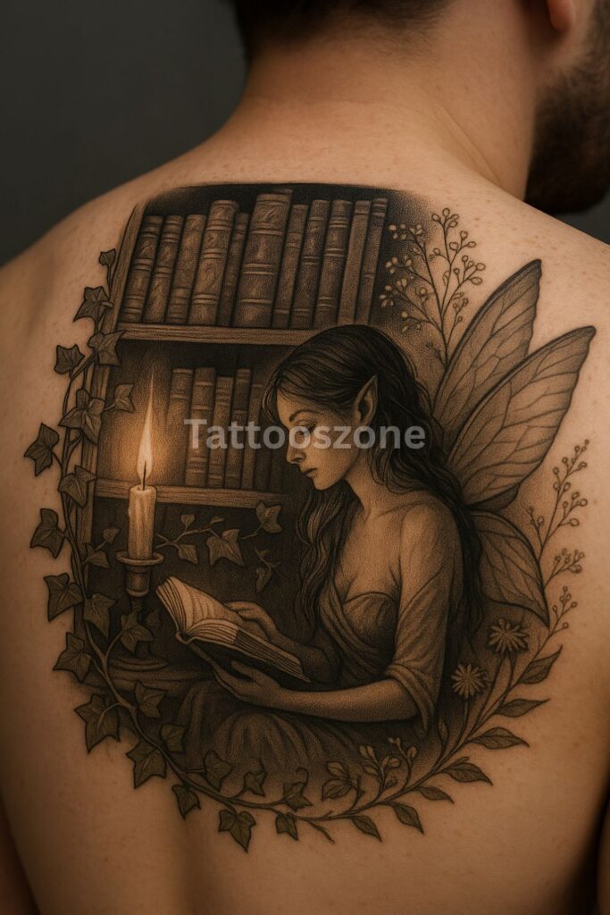 Forest Bookshelf Faerie tattoo