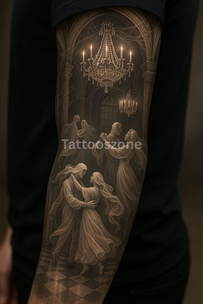 Ghost Party in an Abandoned Hall tattoo design