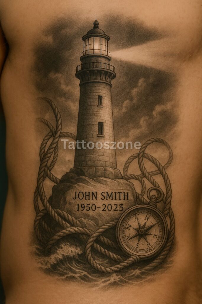 Lighthouse With Dad’s Dates tattoo design
