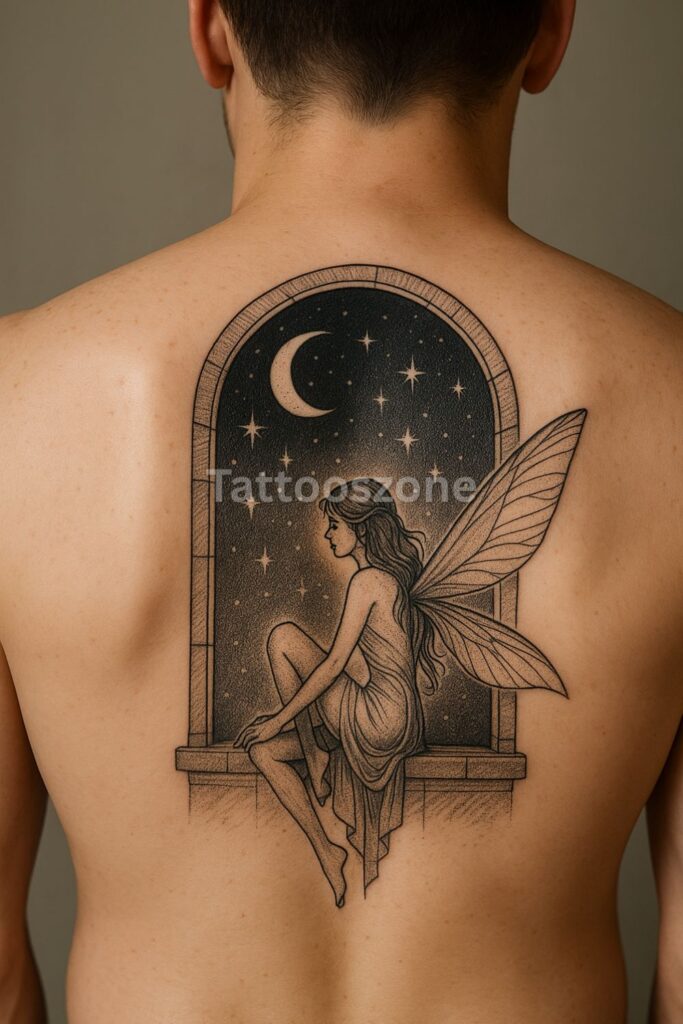 Moonlit Window Faerie Scene tattoo