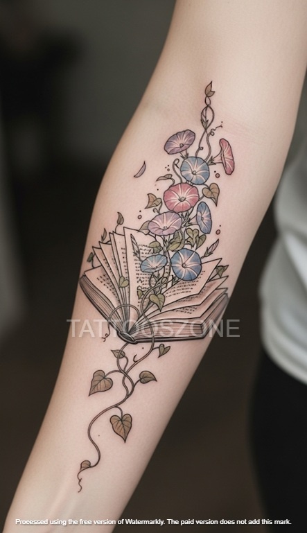 Morning glory open book tattoo on forearm