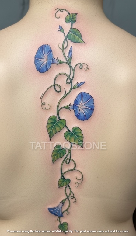Morning glory vine tattoo on spine