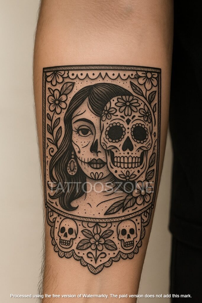 Papel Picadel tattoo on forearm
